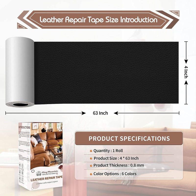 KING MOUNTAIN Leather Repair Patch,4 x 63 Inches self Adhesive Leather Repair Tape for Damaged Leather Furniture, Sofa Seating,Car Seats, Leather Goods(Black) - Image 4